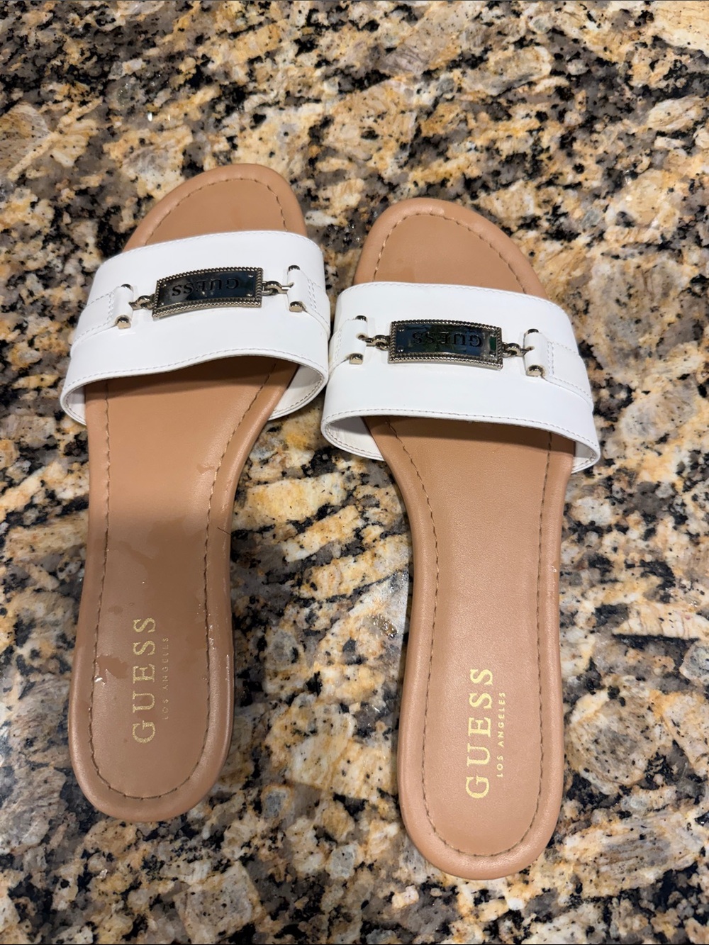 GUESS White Slide Mules with Tan Footbed